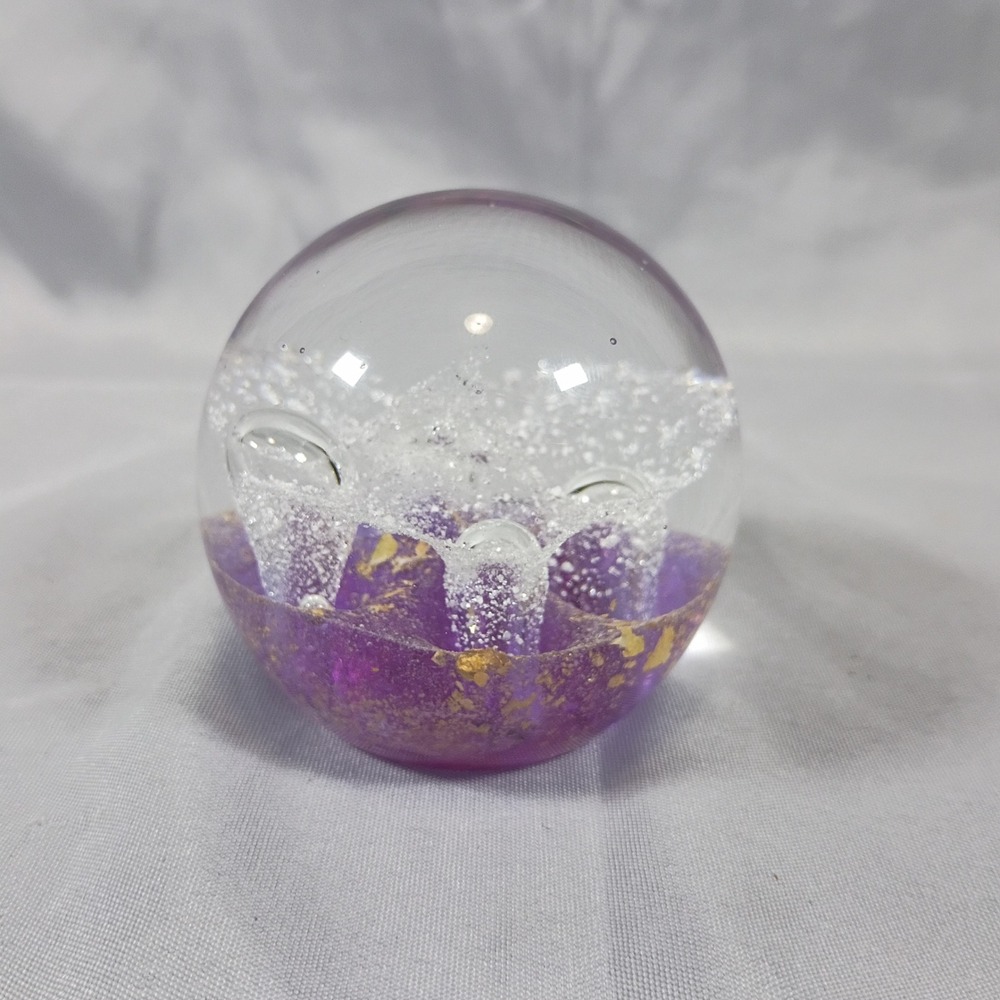 Dynasty Gallery Glass Paperweight Purple Gold Leaf Controlled Bubble Heirloom